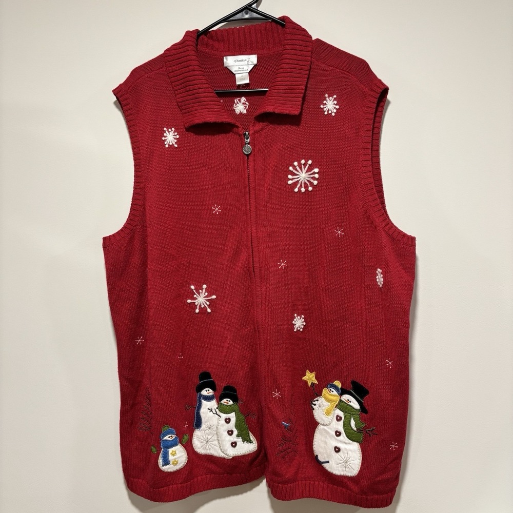 Cj‎ Banks Knit Sweater Vest Womens 3x Red Snowmen Snowflakes Hand Embroidered